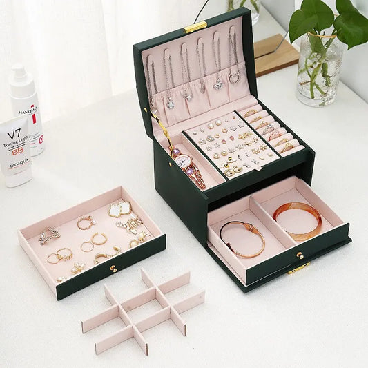 Multi Functional Three Layer Leather Jewelry Box